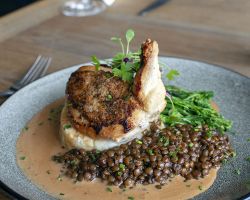 Roast chicken supreme served with creamed potato, braised puy lentils, tender stem broccoli and a wholegrain mustard sauce Roast chicken supreme served with creamed potato, braised puy lentils, tender stem broccoli and a wholegrain mustard sauce