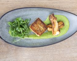 Monkfish batons wrapped in pancetta, pan fried, served with a potato terrine, pea purée and pea shoots Monkfish batons wrapped in pancetta, pan fried, served with a potato terrine, pea purée and pea shoots