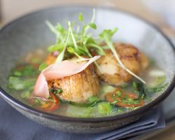 Pan fried scallops in a ginger, lemongrass and tomato broth served with a stir fry of pak choi and spring onions and topped with pickled pink ginger, fresh red chilli and baby coriander Pan fried scallops in a ginger, lemongrass and tomato broth served with a stir fry of pak choi and spring onions and topped with pickled pink ginger, fresh red chilli and baby coriander